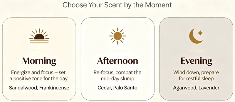 Infographic showing the best time of day to burn incense &ndash; morning for focus with sandalwood and frankincense, afternoon for re-focusing with cedar and palo santo, evening for relaxation with agarwood and lavender