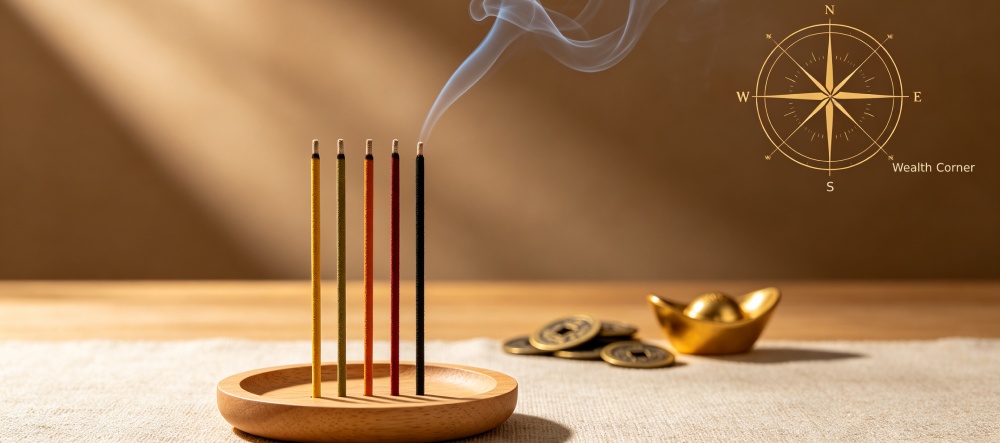 Five-color incense sticks with a Feng Shui compass highlighting the Southeast wealth corner &mdash; ideal for B2B wholesale, private label, and retail distribution.