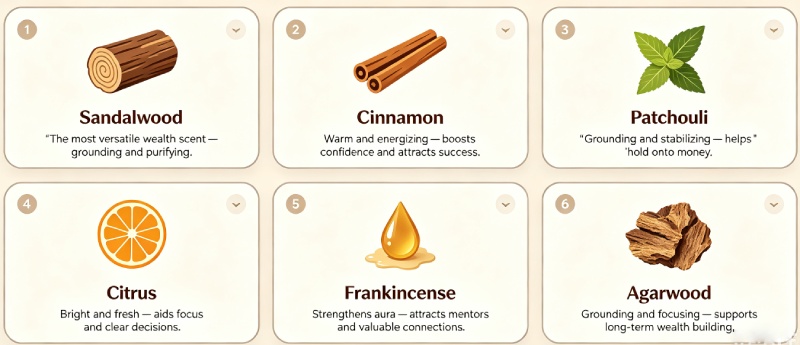 Infographic chart of six wealth-attracting scents &mdash; Sandalwood, Cinnamon, Patchouli, Citrus, Frankincense, and Agarwood &mdash; designed for B2B buyers, wholesalers, and private label sourcing.