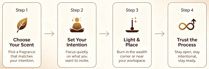 Four-step Feng Shui wealth ritual infographic &mdash; perfect for B2B brands, wellness retailers, and spa suppliers to educate customers and enhance product value.