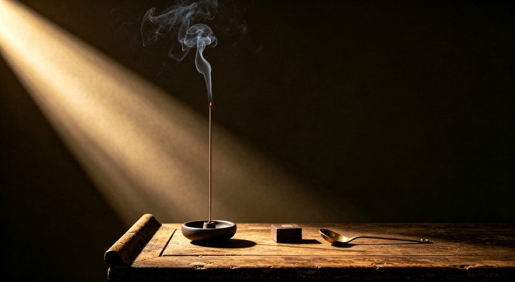 incense-ambiance-scholar-workspace Traditional Chinese incense burning on wooden desk with ceramic holder – ambiance for meditation and cultural ritual