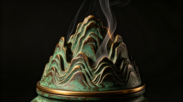 Boshan Censer Han Dynasty Silk Road Boshan censer incense burner with mountain,shaped lid – ancient Chinese incense ritual from Han dynasty Silk Road