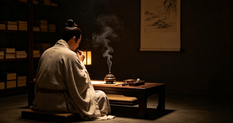 Song Dynasty Incense Ritual Scholar Study Song dynasty scholar burning incense in traditional study, ancient Chinese literati culture and incense ritual