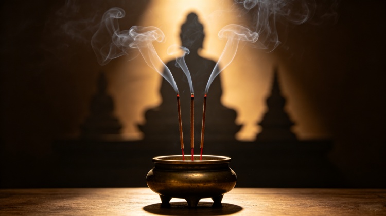 Buddhist three jewels incense Three incense sticks burning before Buddha silhouette , representing Buddha, Dharma, and Sangha