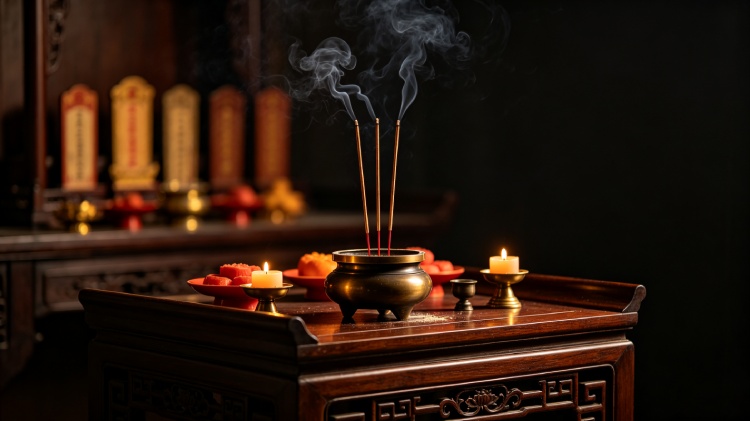 Ancestor Worship Three Incense Sticks Three incense sticks burning on an altar during ancestor worship ceremony, honoring three generations