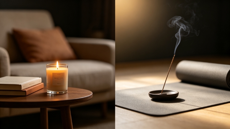 Side by side comparison of candle with book and incense with yoga mat &ndash; different uses for different spaces