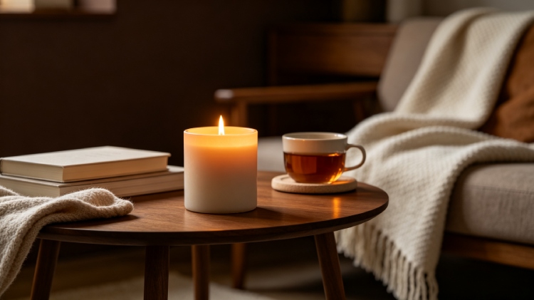 Lit scented candle in cozy living room corner with books and tea &ndash; warm ambiance for relaxation