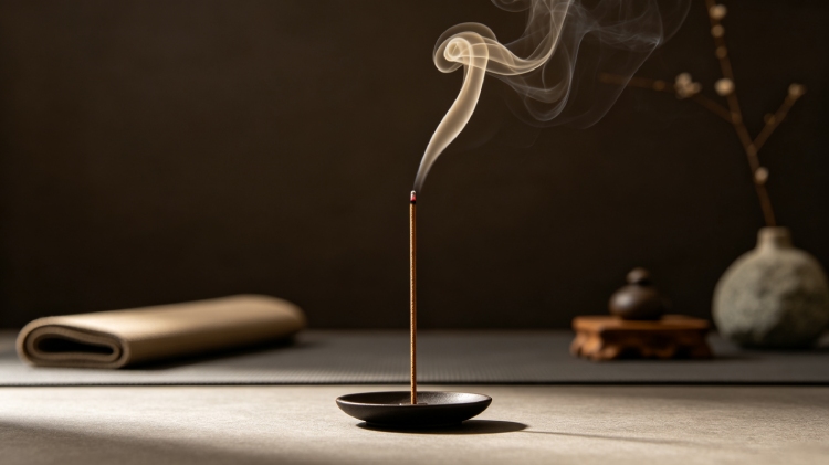 Burning incense stick in meditation space with rising smoke &ndash; calm and focused atmosphere