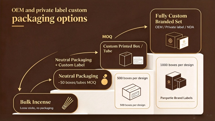 EM and private label incense packaging options &ndash; from bulk to fully custom branded sets