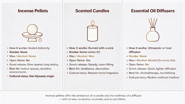 Incense pellets vs scented candles vs essential oil diffusers &ndash; comparison of wax, alcohol, smoke, and flame