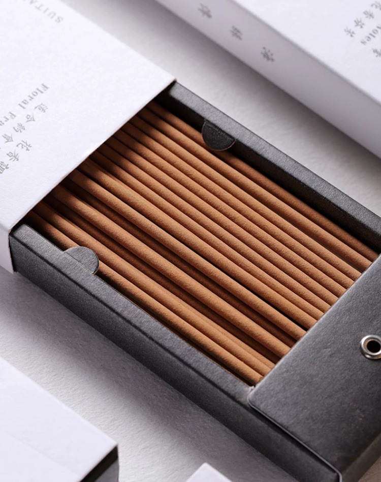 Japanese Style incense sticks sliding box Minimalist white incense box open showing 30 natural wood tone sticks, wholesale supplier for retail
